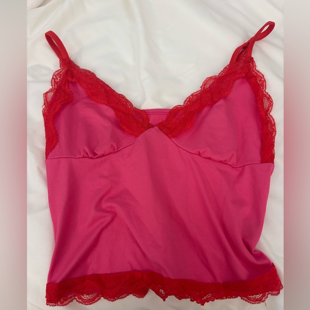 Red and Pink Lace Trim Camisole